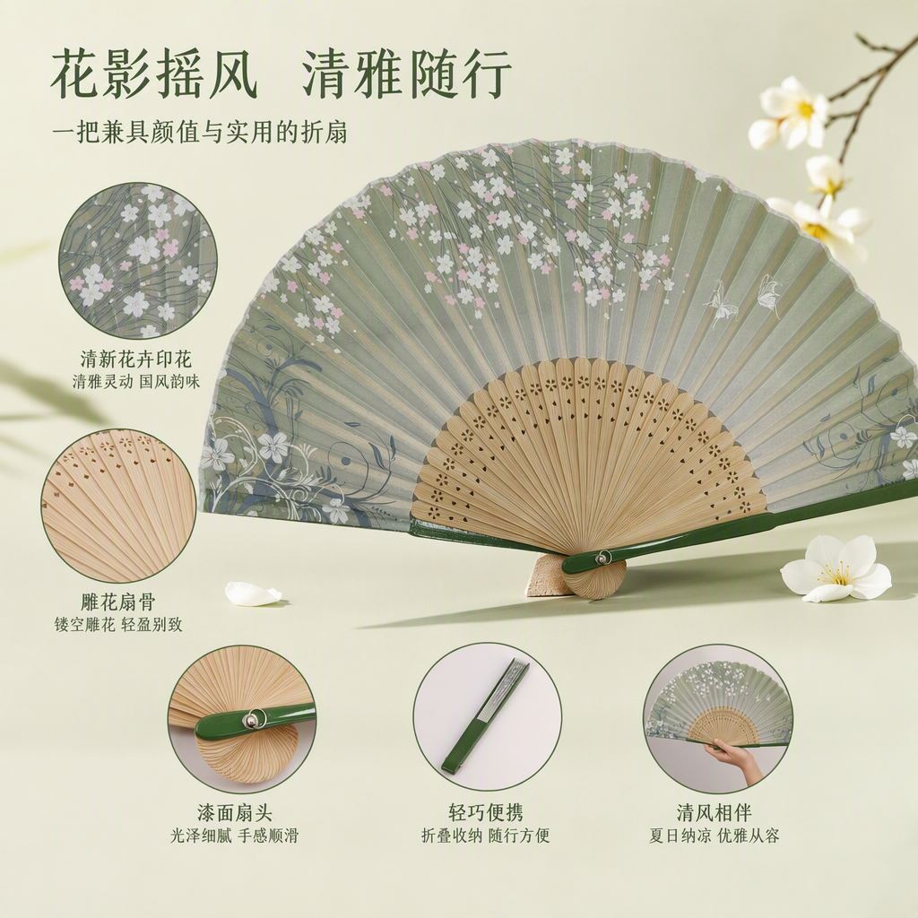 精美绿色樱花图案折扇夏日凉爽手持古典复古折叠扇子礼品款