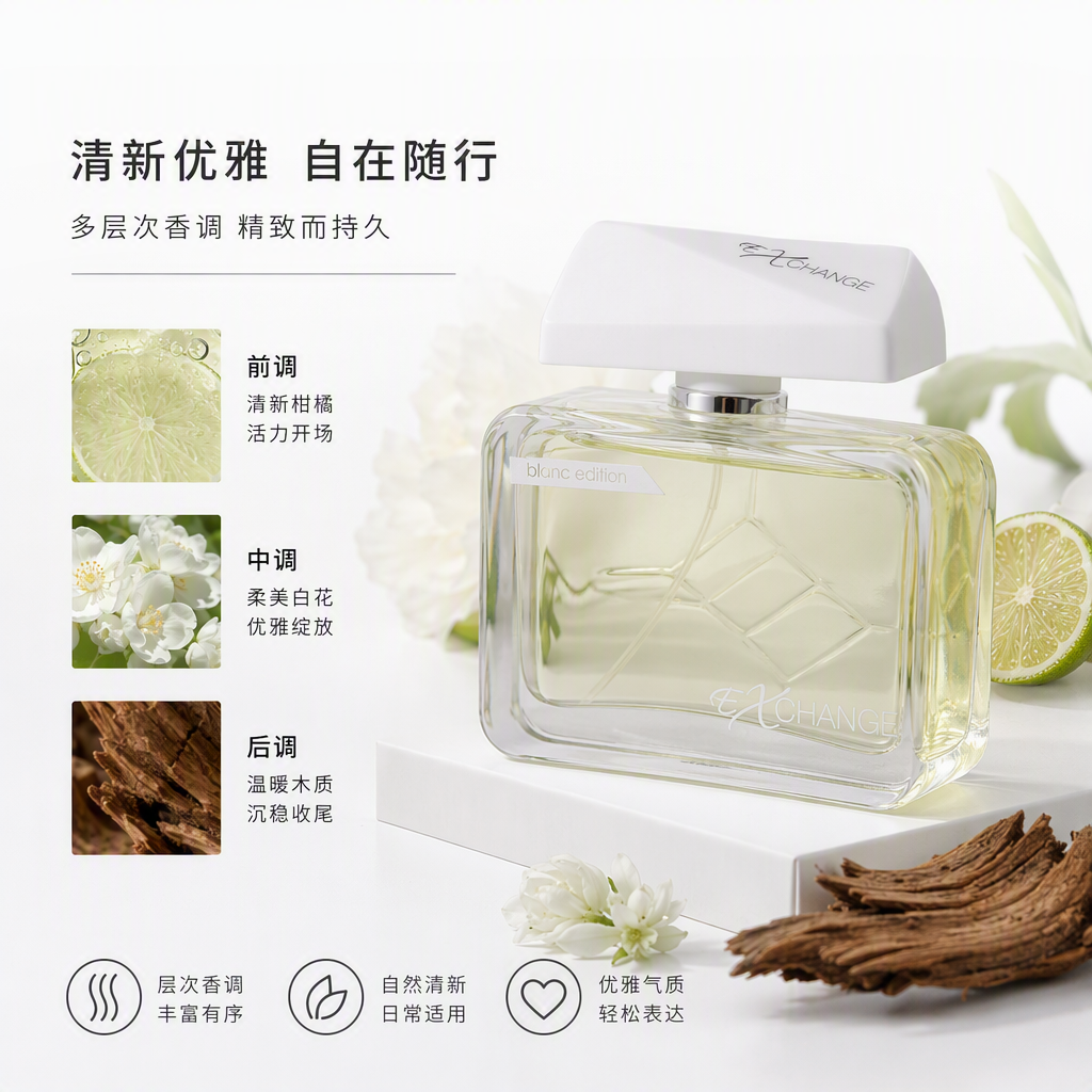 A fashionable fragrance gift box set with silver-gray striped packaging box, transparent glass perfume bottle, light yellow liquid, white bottle cap printed with the word "EXCHANGE"