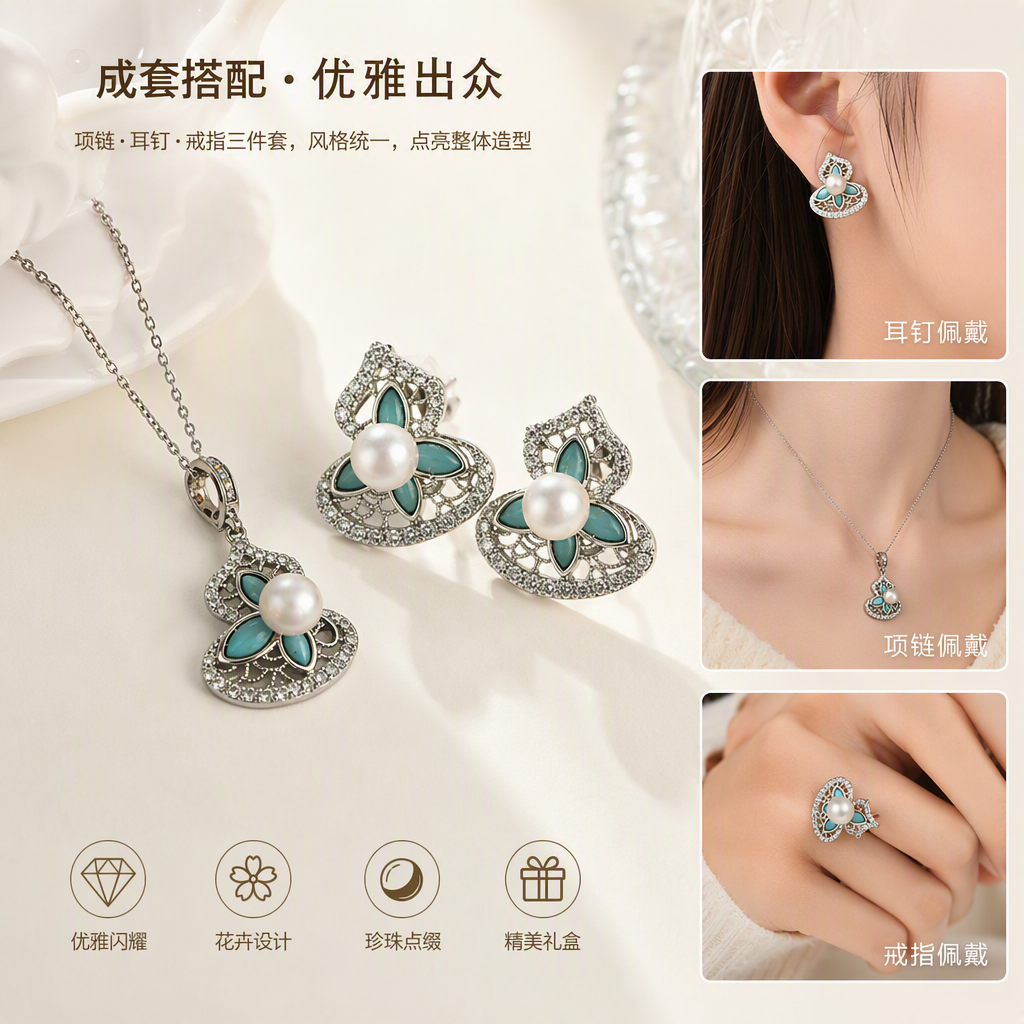 Blue gift box, silver jewelry set, pendant, earrings, ring, turquoise gemstone, pearl and fashionable jewelry gift given