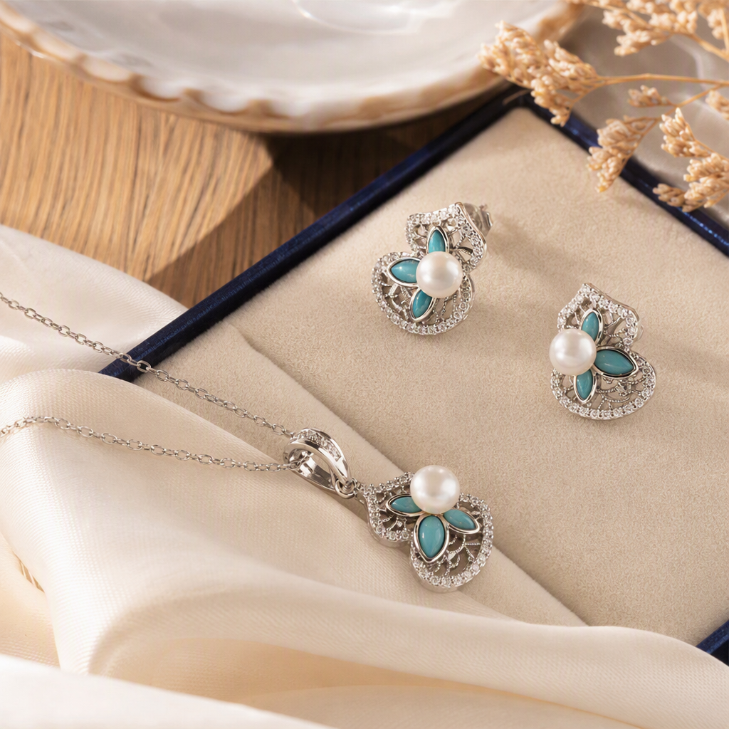 Blue gift box, silver jewelry set, pendant, earrings, ring, turquoise gemstone, pearl and fashionable jewelry gift given details Picture