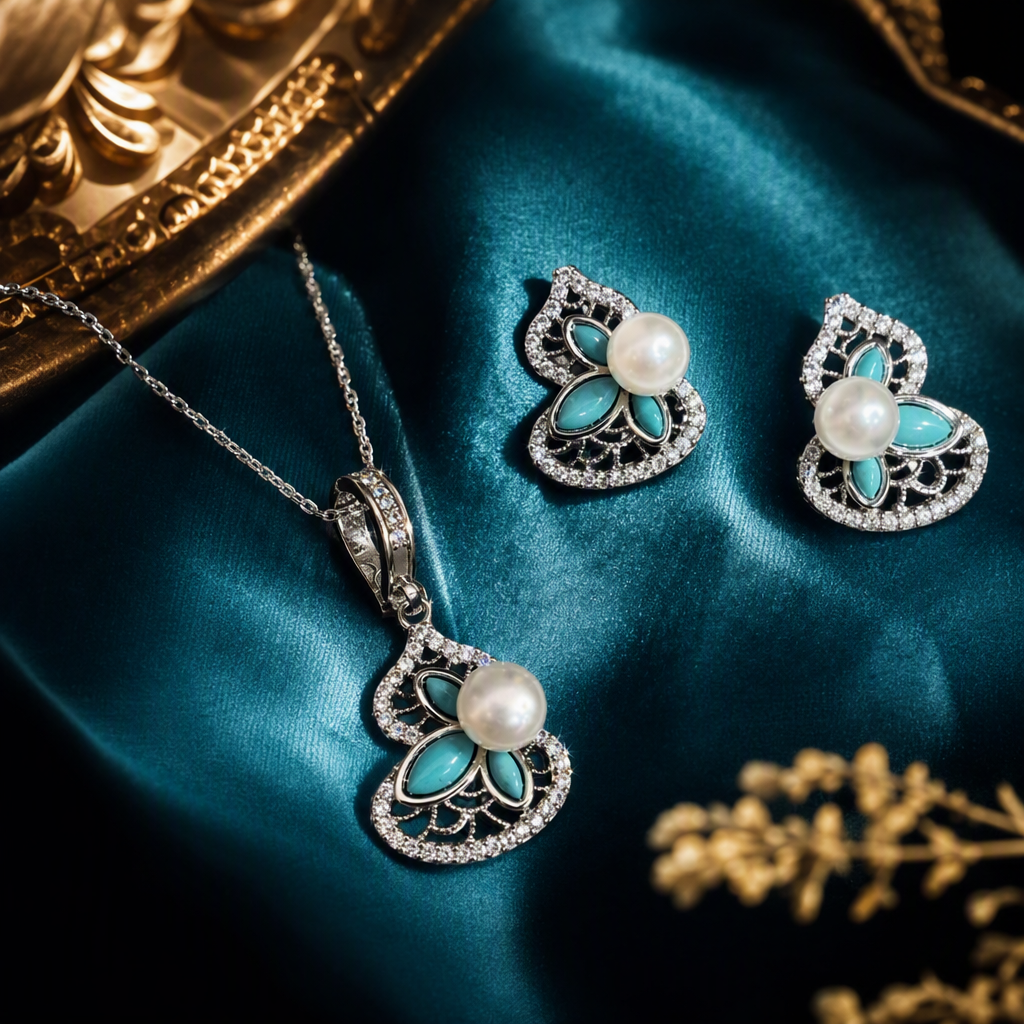 Blue gift box, silver jewelry set, pendant, earrings, ring, turquoise gemstone, pearl and fashionable jewelry gift given Specification image
