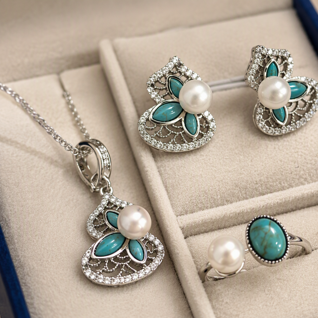 Blue gift box, silver jewelry set, pendant, earrings, ring, turquoise gemstone, pearl and fashionable jewelry gift given Application Scenario