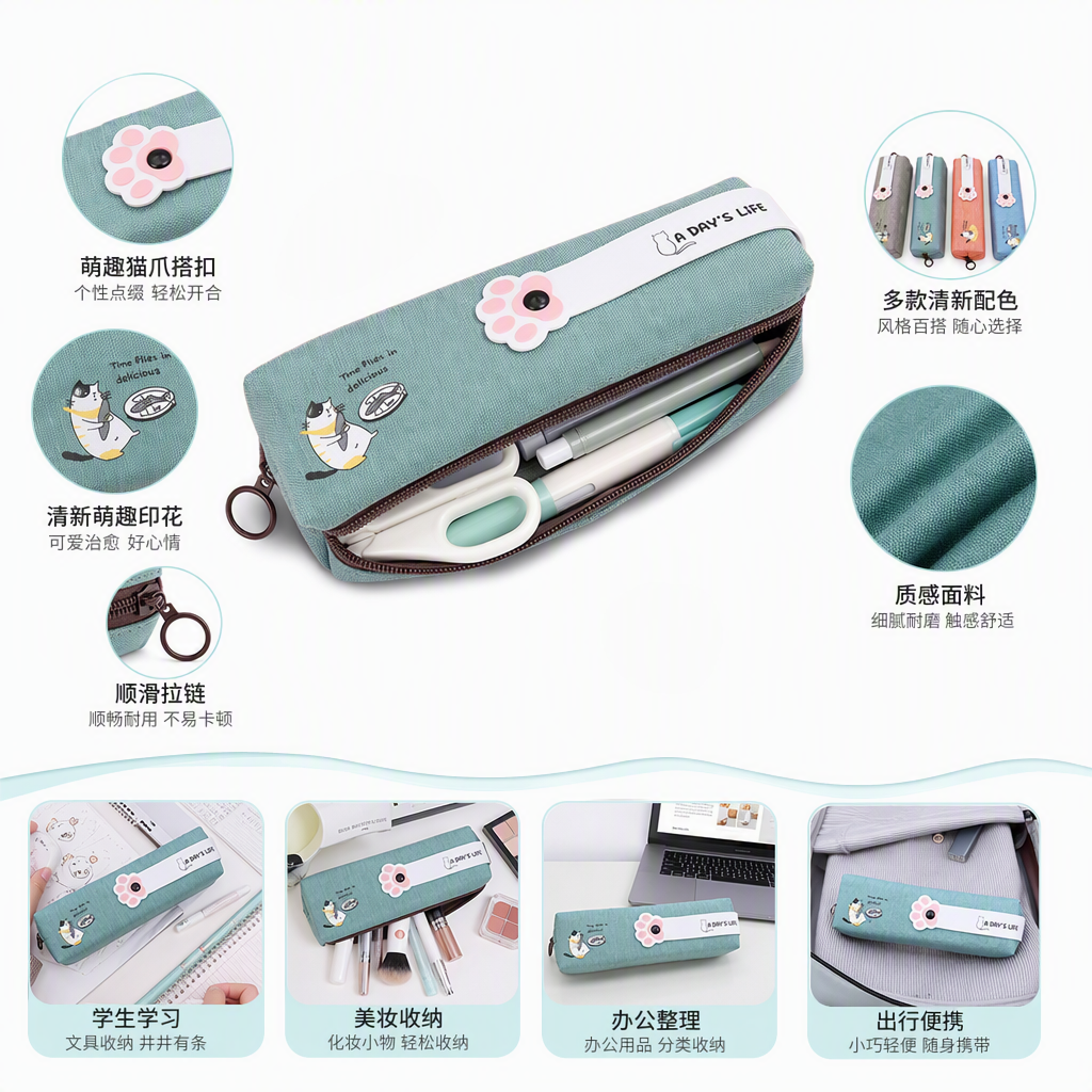 彩色猫主题四角笔袋多色可选猫咪图案粉色爪印装饰收纳文具包学生用品