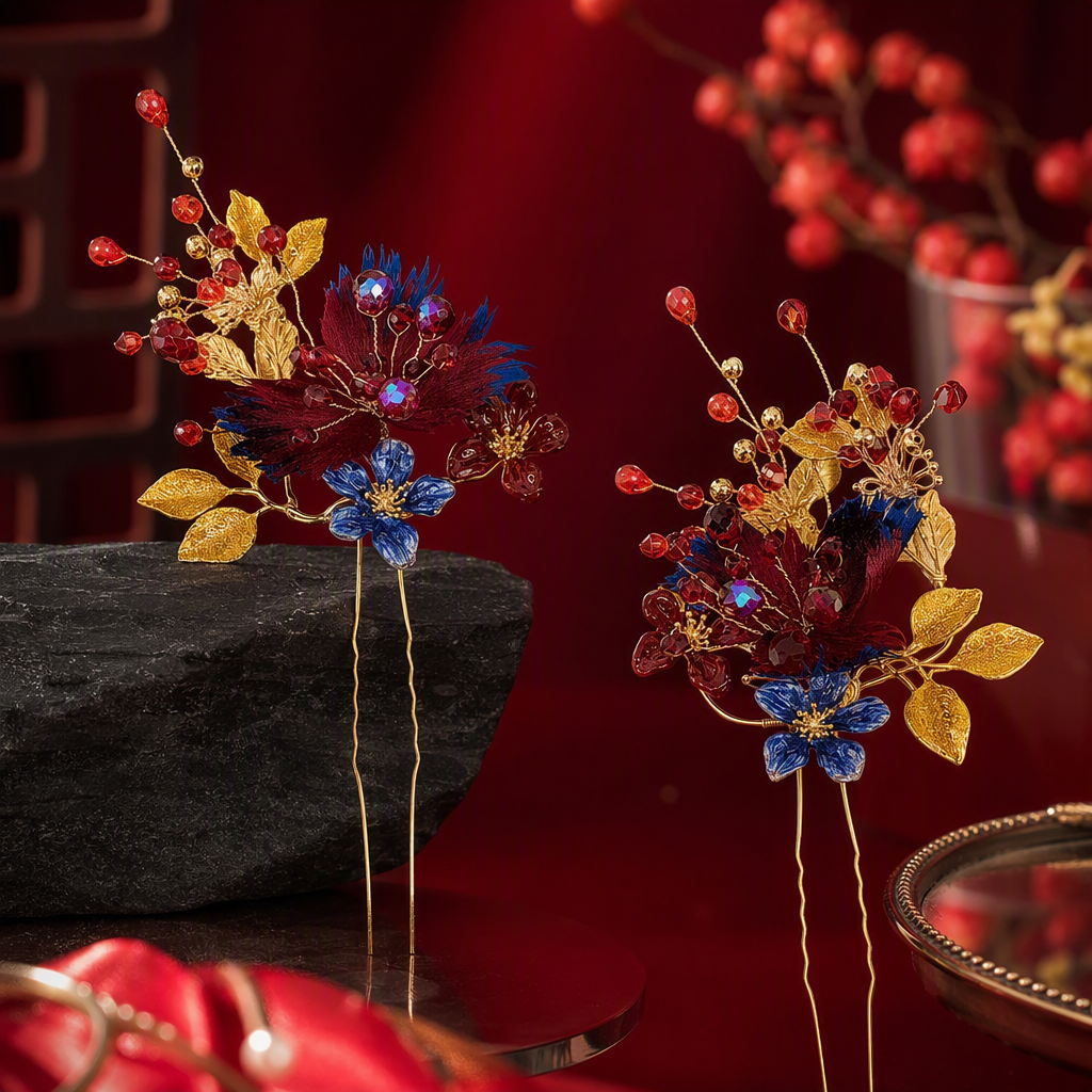 Golden hairpins, red and blue floral decorations, elegant hair accessories, Hanfu hairpins and hair accessories Specification image