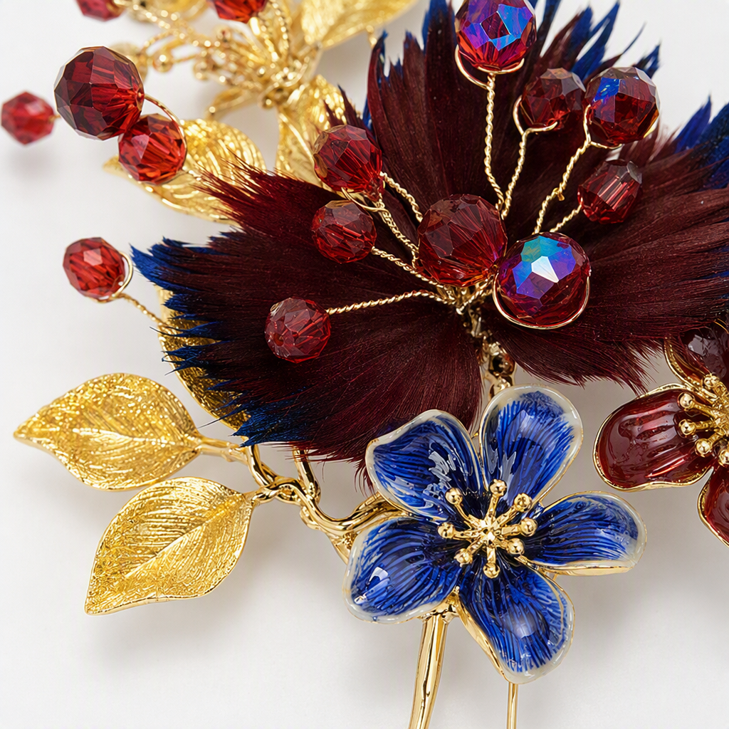 Golden hairpins, red and blue floral decorations, elegant hair accessories, Hanfu hairpins and hair accessories Application Scenario