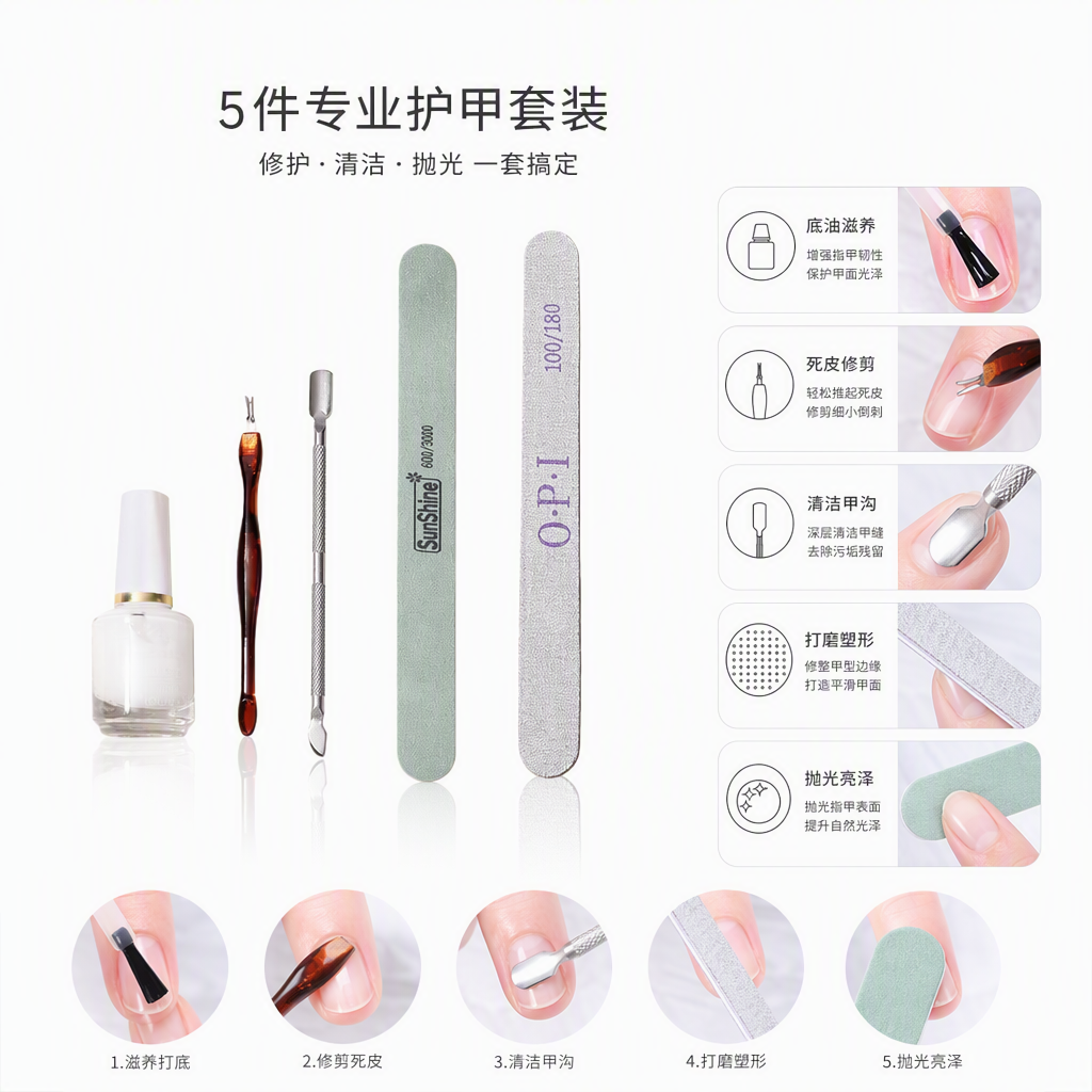 Professional nail care tool five-piece set, softener, dead skin fork, steel pusher, polishing and grinding combination, beauty care products