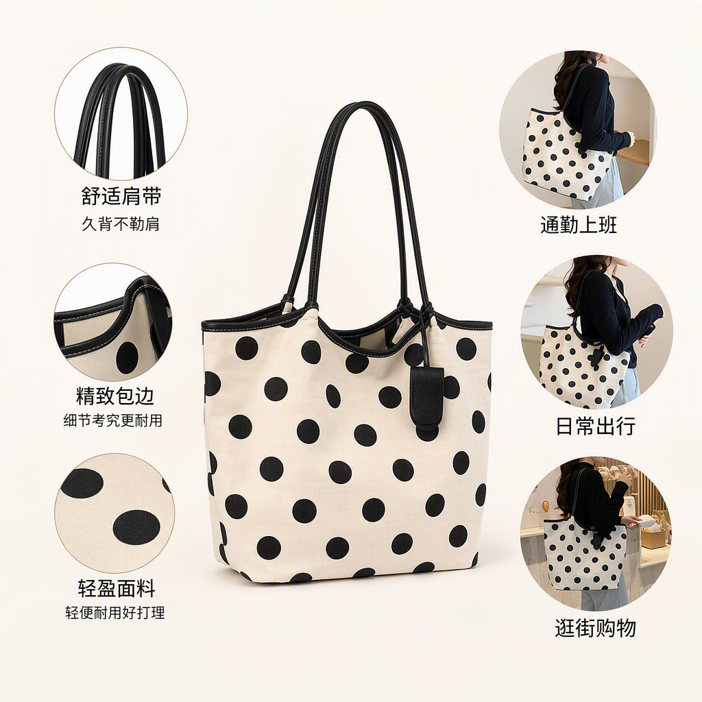 Polka dot tote bag, hand and shoulder, casual and versatile, large-capacity trendy women's bag, simple and fashionable shopping bag
