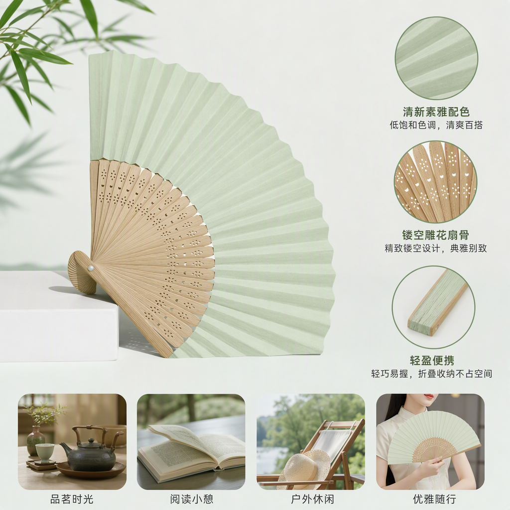 清新浅绿色纸面竹骨折扇夏日凉爽手持折叠扇古典雅致风格