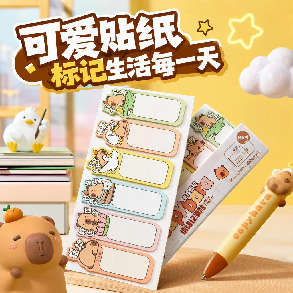 Capibara handheld sticky note stickers with a cute cartoon background, white keyboard, coffee cup, pink rubber decorative stickers, free shipping Specification image