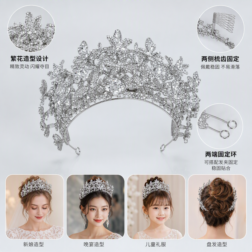 A shining silver butterfly crystal crown, a noble and elegant women's headwear for the wedding performance stage