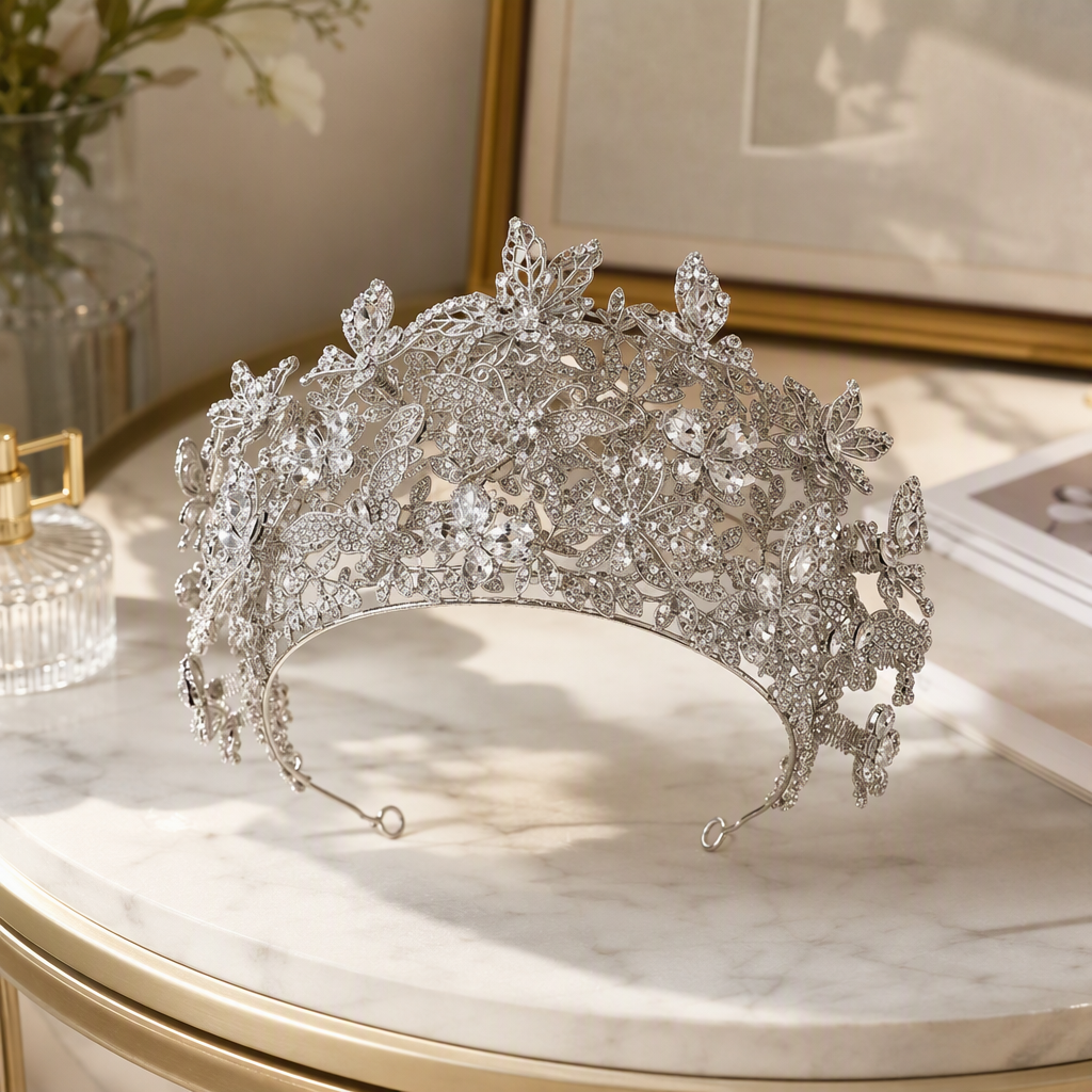 A shining silver butterfly crystal crown, a noble and elegant women's headwear for the wedding performance stage details Picture