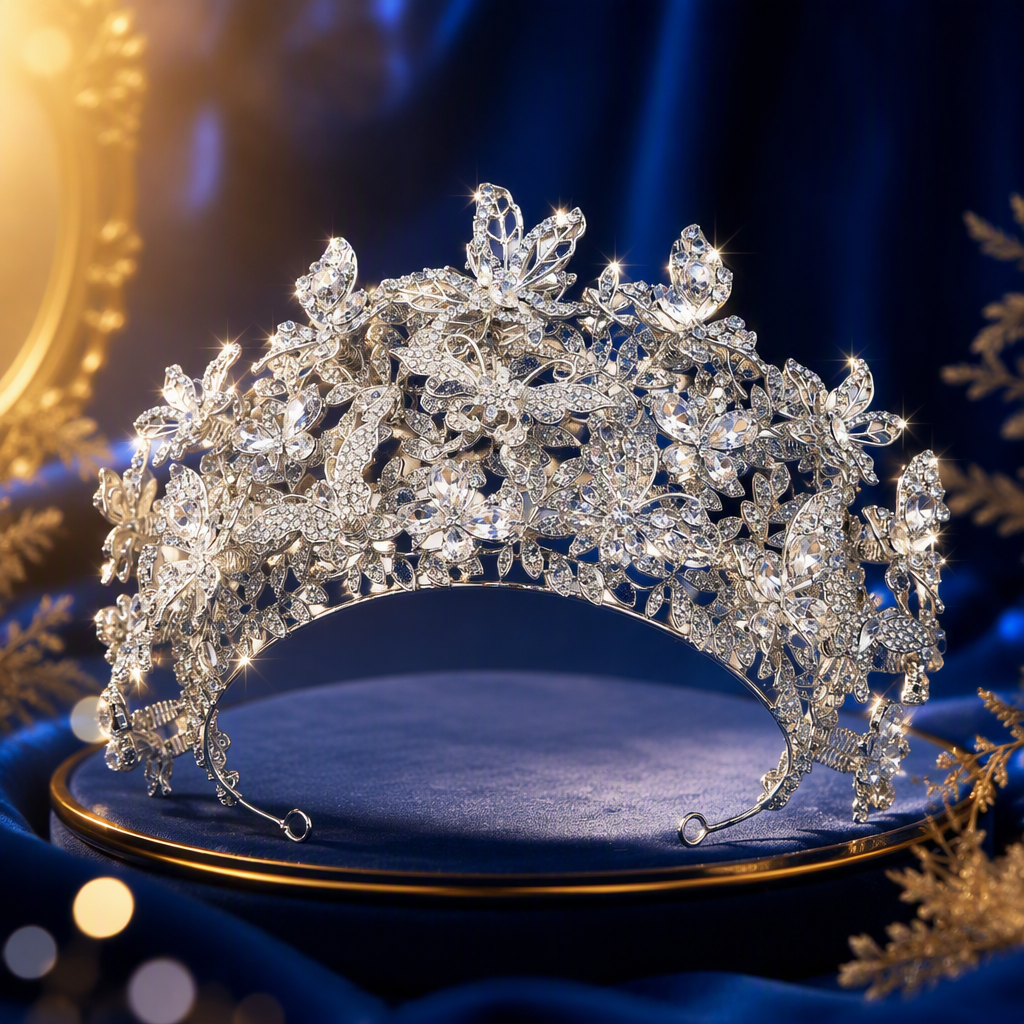 A shining silver butterfly crystal crown, a noble and elegant women's headwear for the wedding performance stage Specification image
