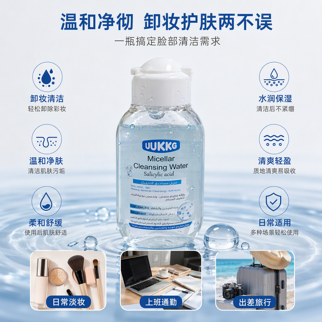 温和卸妆水透明瓶身白色瓶盖深层清洁温和不刺激适用全脸护理