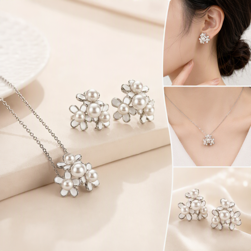 Blue gift box, pearl flower necklace, stud set, white padding, exquisite and fashionable gift choice