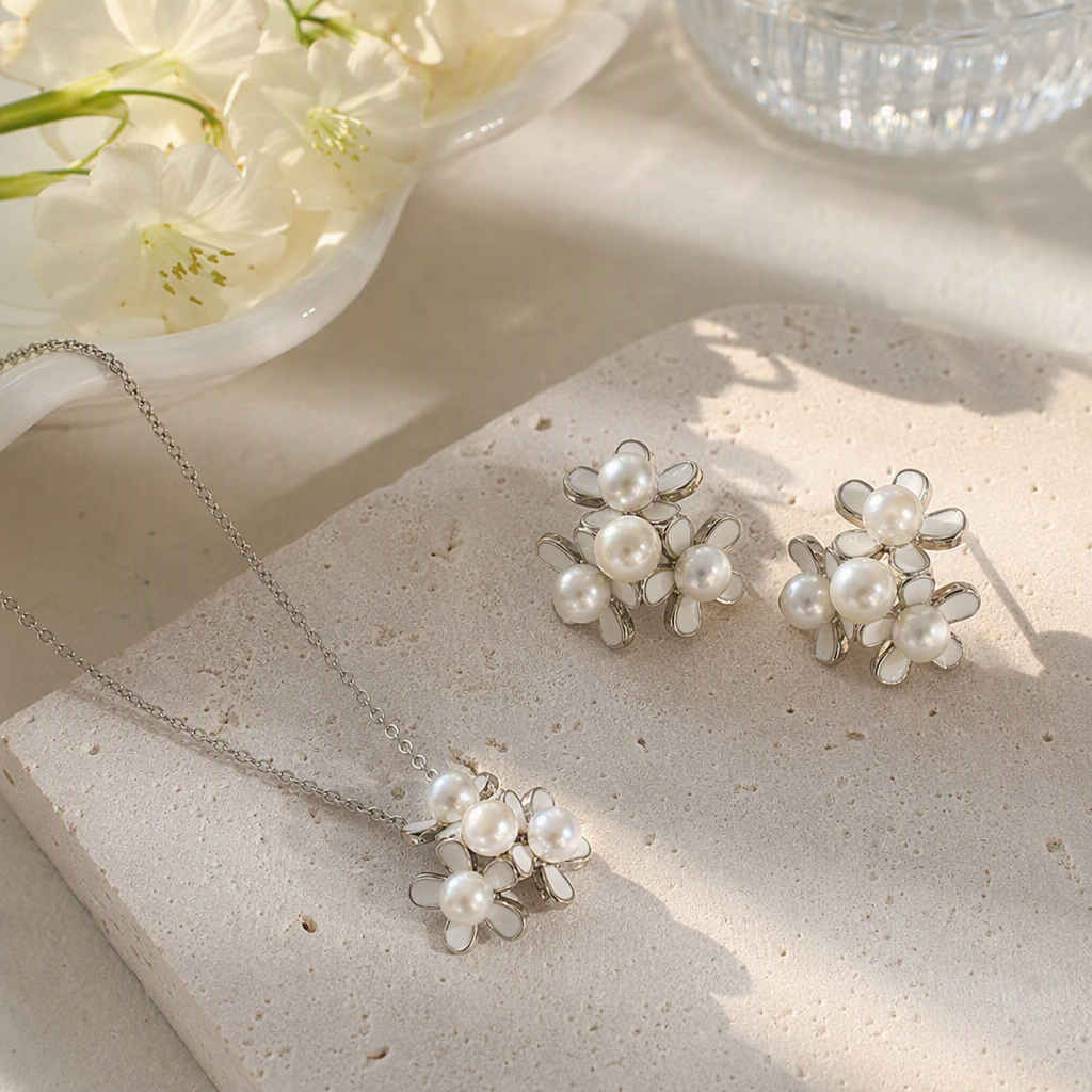 Blue gift box, pearl flower necklace, stud set, white padding, exquisite and fashionable gift choice details Picture