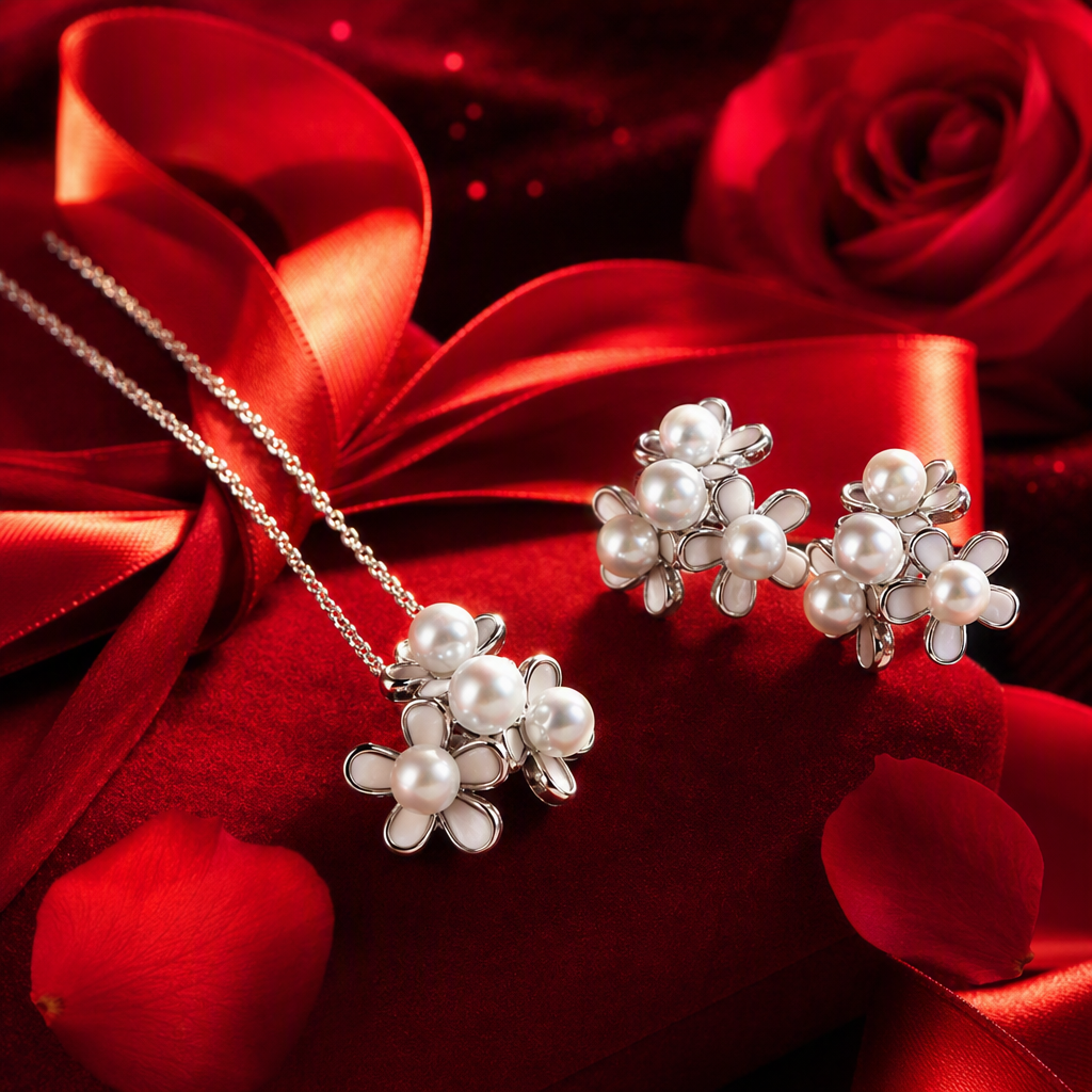 Blue gift box, pearl flower necklace, stud set, white padding, exquisite and fashionable gift choice Specification image