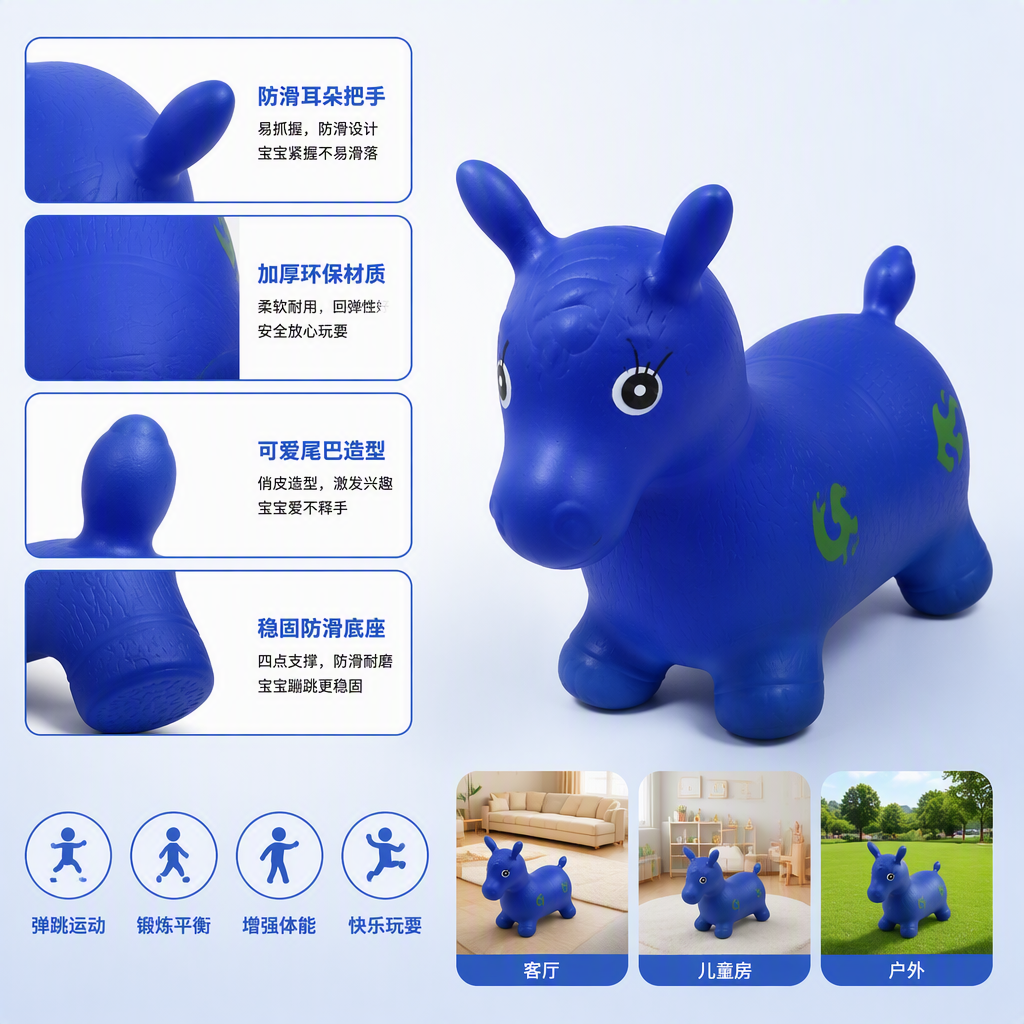 儿童充气马蓝色卡通动物玩具安全耐用适合室内外娱乐休闲赠礼