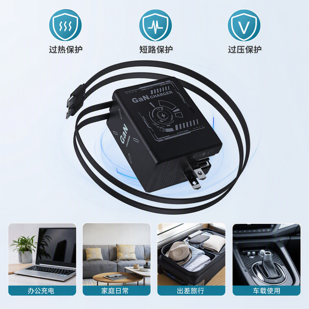 The high-efficiency fast charging black charger is compatible with multi-device portable charging heads and supports fast charging technology