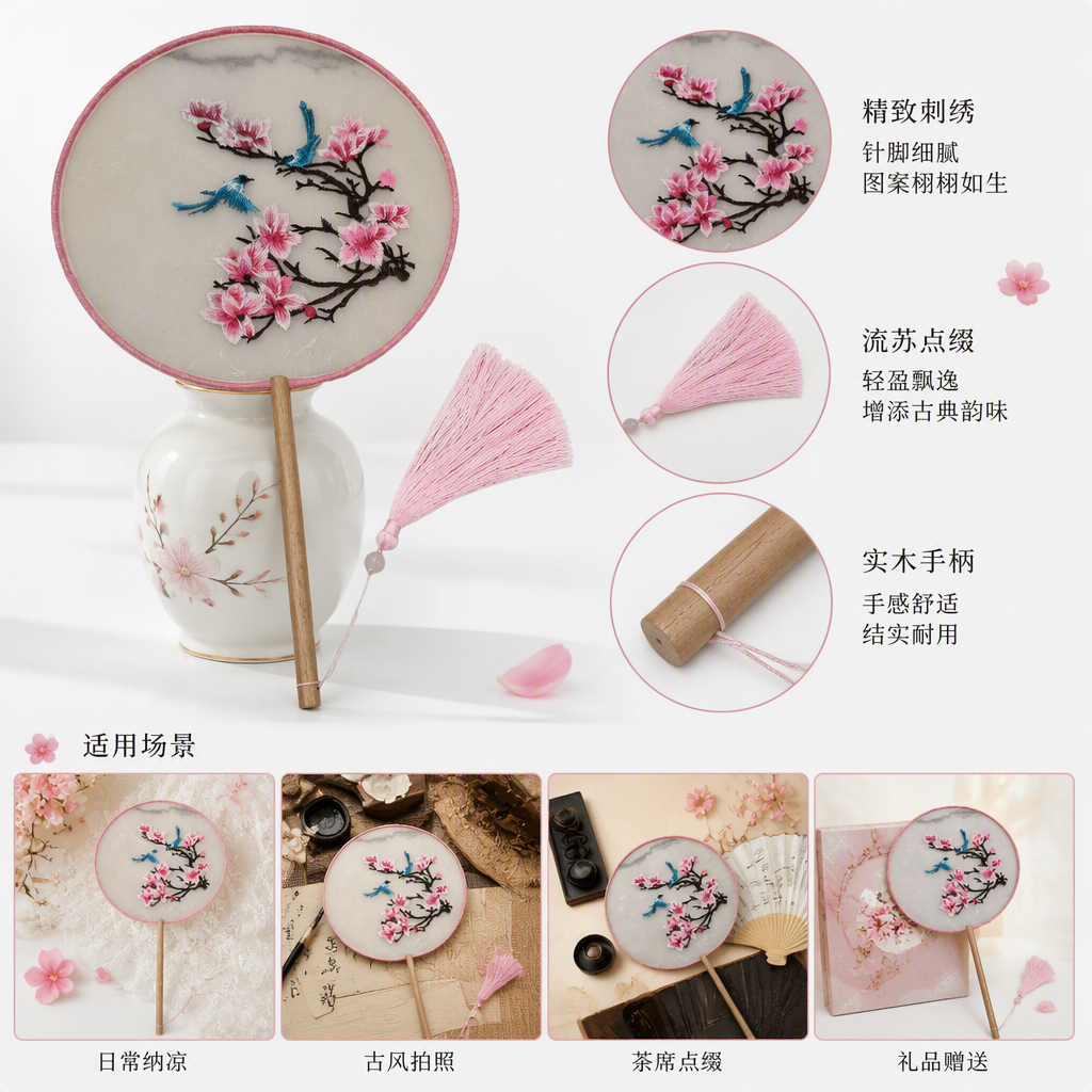 粉色绣花团扇粉红花朵蓝色小鸟手工刺绣木质扇柄粉色流苏装饰夏日清新风
