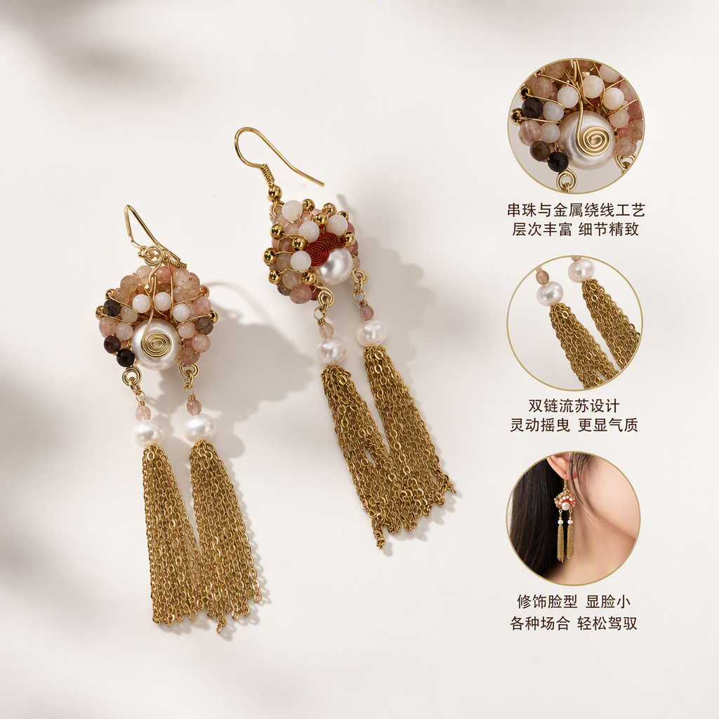 Moda oro pendientes perlas perlas perlas de color cadena borla colgante orejeras mujeres simple temperamento elegante estilo