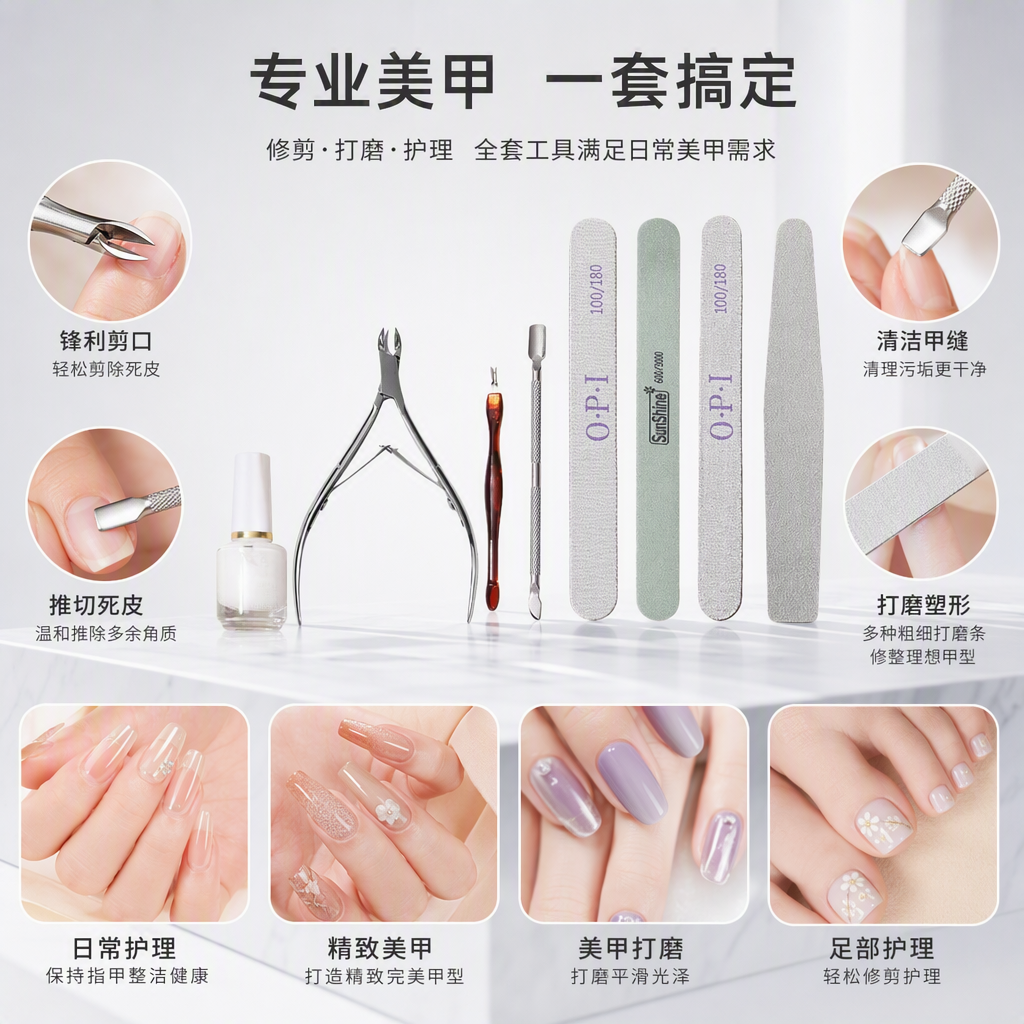 Multi-functional nail care set, dead skin shears, dead skin forks, steel pushers, nail files, softeners, beauty tools combination