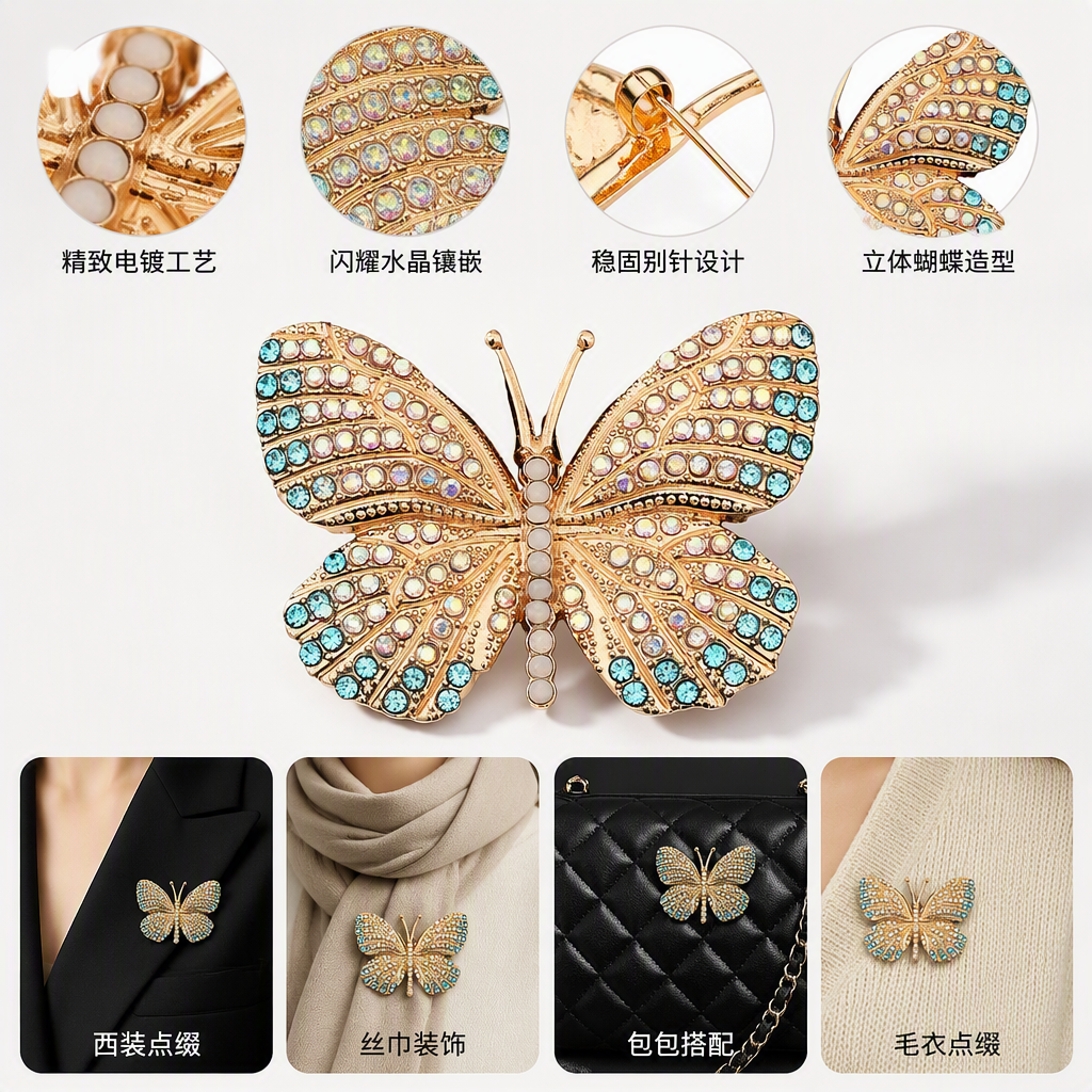 Fashionable golden diamond-encrusted butterfly brooch for ladies, elegant and stylish accessory, gift collection