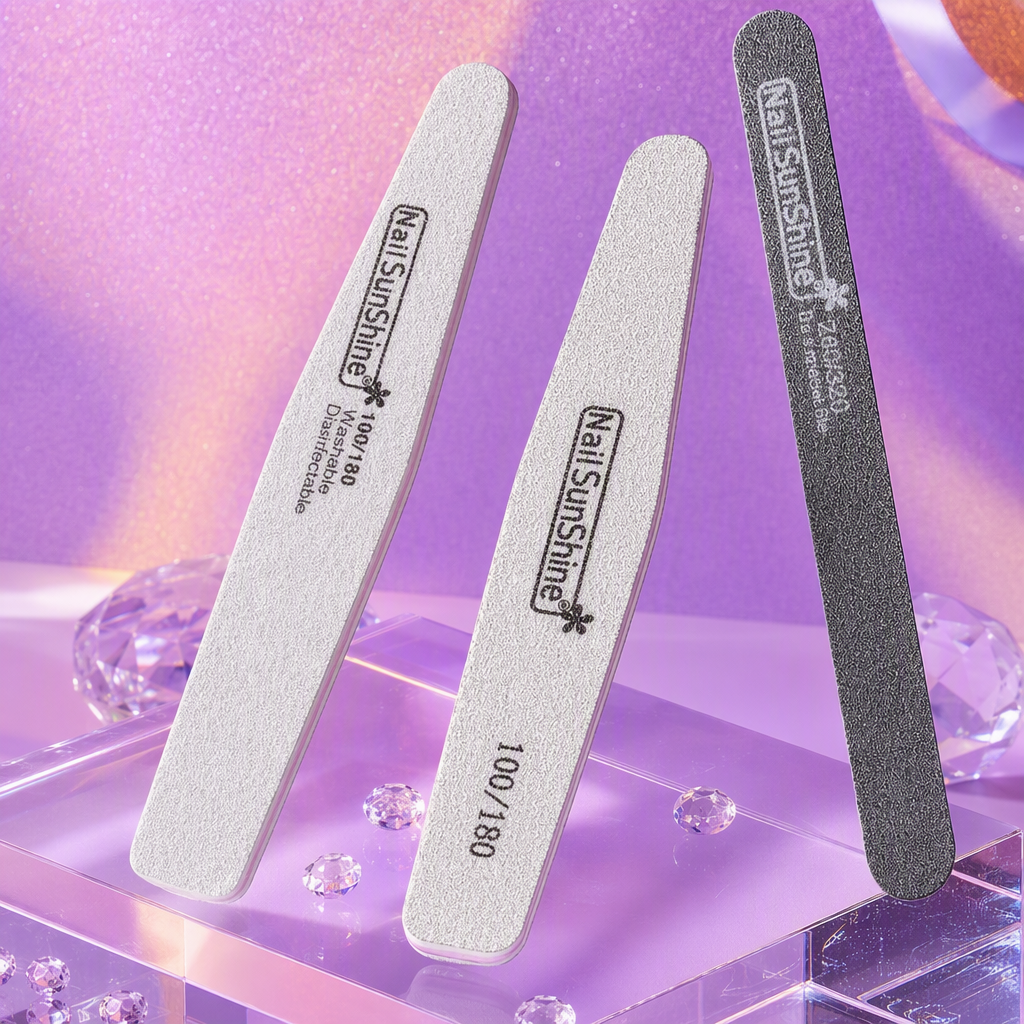 Professional nail care products, including grey nail files, fine sand, nail grinding tools, and nail styling and shaping supplies Specification image