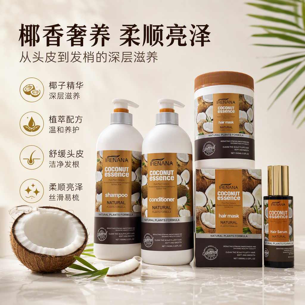 IRENANA Coconut Essence Hair Care Set: Shampoo, Conditioner, Hair Mask, Hair Oil Nourishing, Repairing, Smooth, Radiant, Natural Fragrance