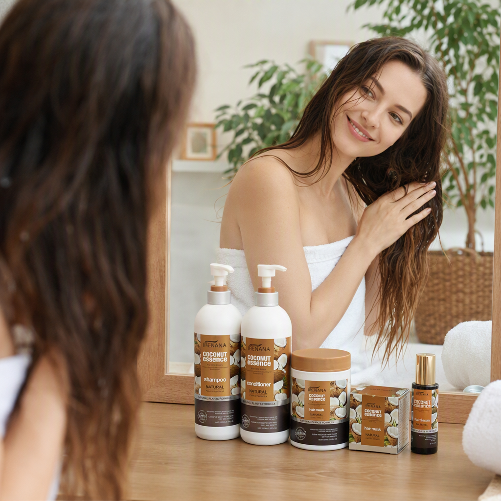 IRENANA Coconut Essence Hair Care Set: Shampoo, Conditioner, Hair Mask, Hair Oil Nourishing, Repairing, Smooth, Radiant, Natural Fragrance details Picture