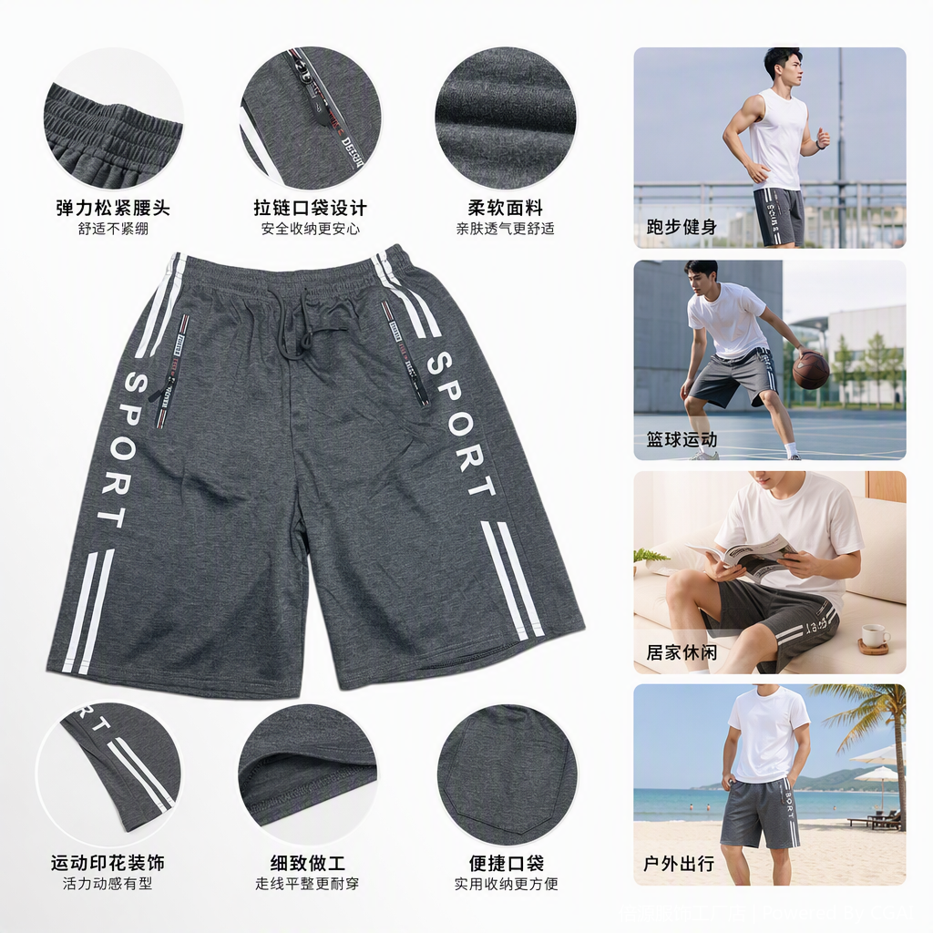 透气舒适休闲运动短裤男士灰色宽松跑步健身短裤夏季新款详情2