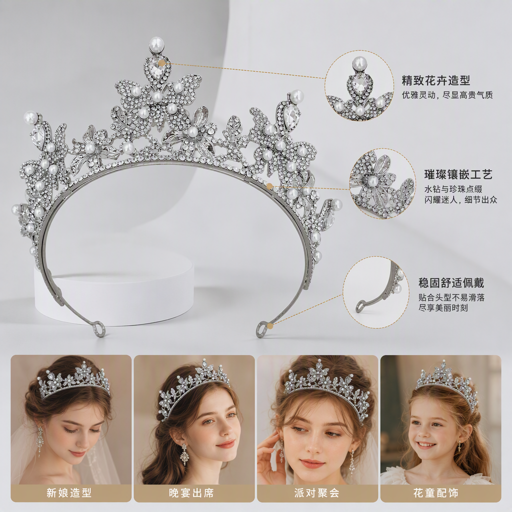 Silver diamond-encrusted pearl flower crown headwear, fashionable and elegant wedding hair accessory, girls' hair accessory