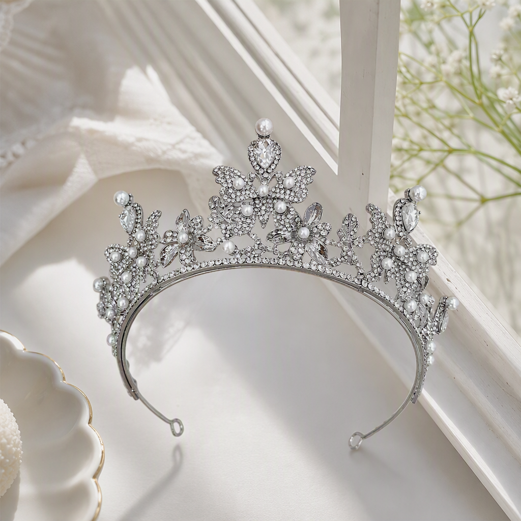 Plata con diamantes y perlas corona tiara moda y elegancia boda accesorios para el cabello niñas accesorios para el cabello accesorios details Picture