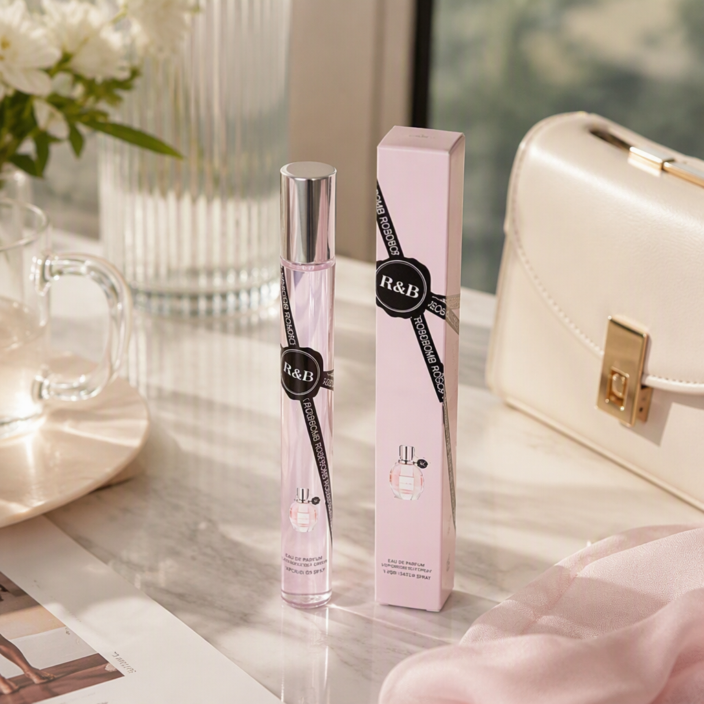 Pink glass perfume bottle, simple and fashionable ladies' fragrance container, gift box, perfume bottle decoration and display piece details Picture