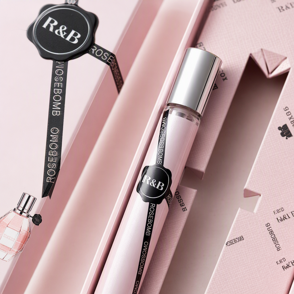 Pink glass perfume bottle, simple and fashionable ladies' fragrance container, gift box, perfume bottle decoration and display piece Application Scenario