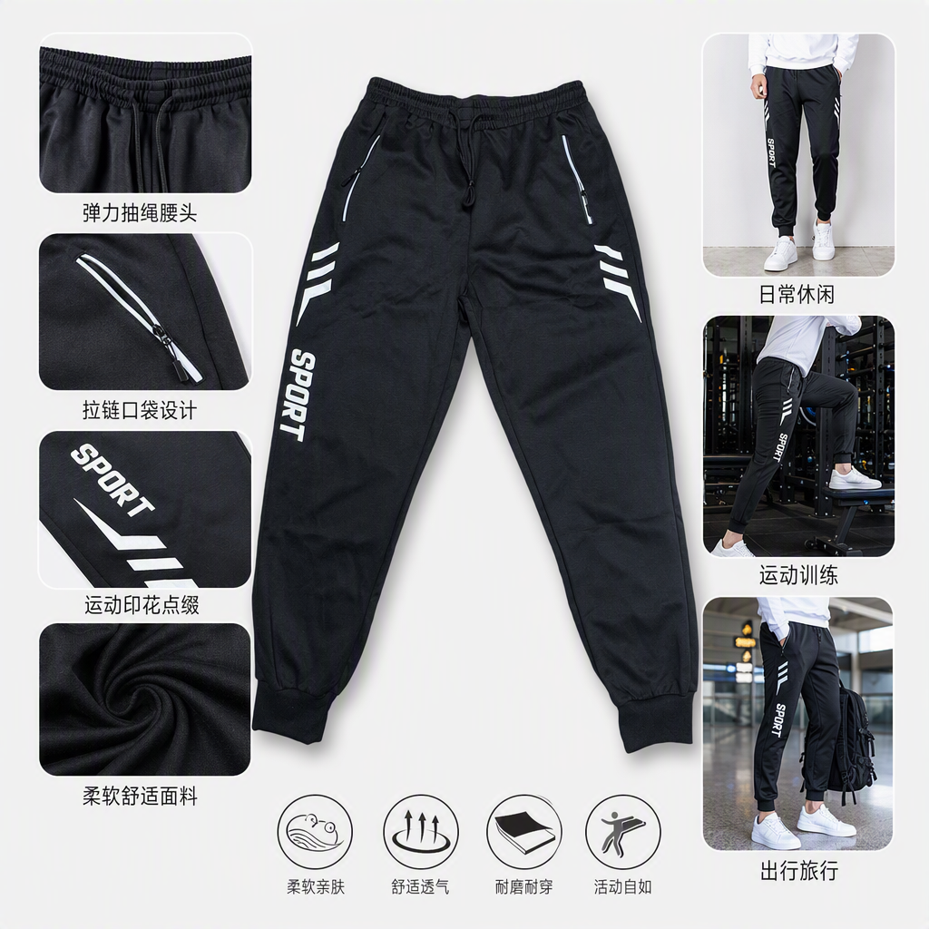 Comfortable, breathable, casual and loose long pants, sports casual pants, men's black sports pants, trendy and versatile sports long pants