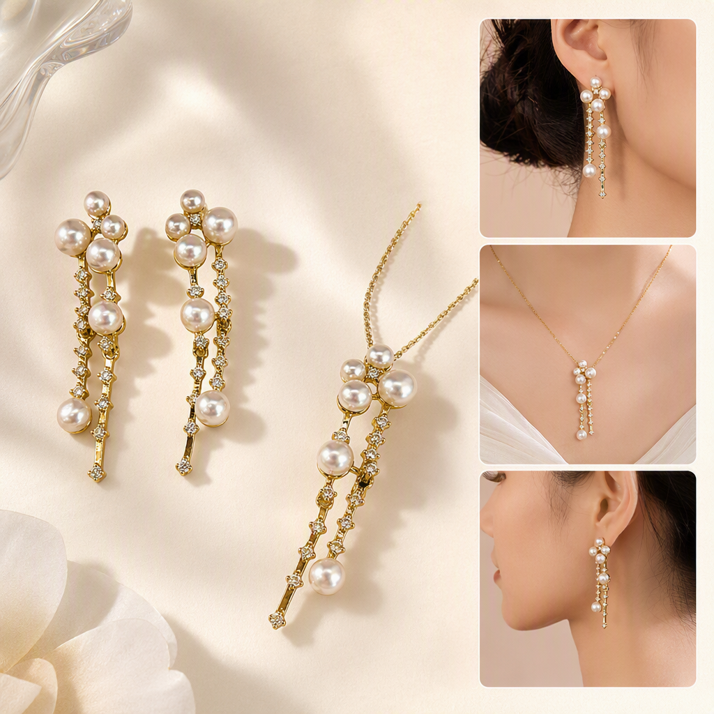 Lujo oro perla diamantes conjunto de joyas para mujeres collar de boda pendientes pulsera accesorios regalos regalar