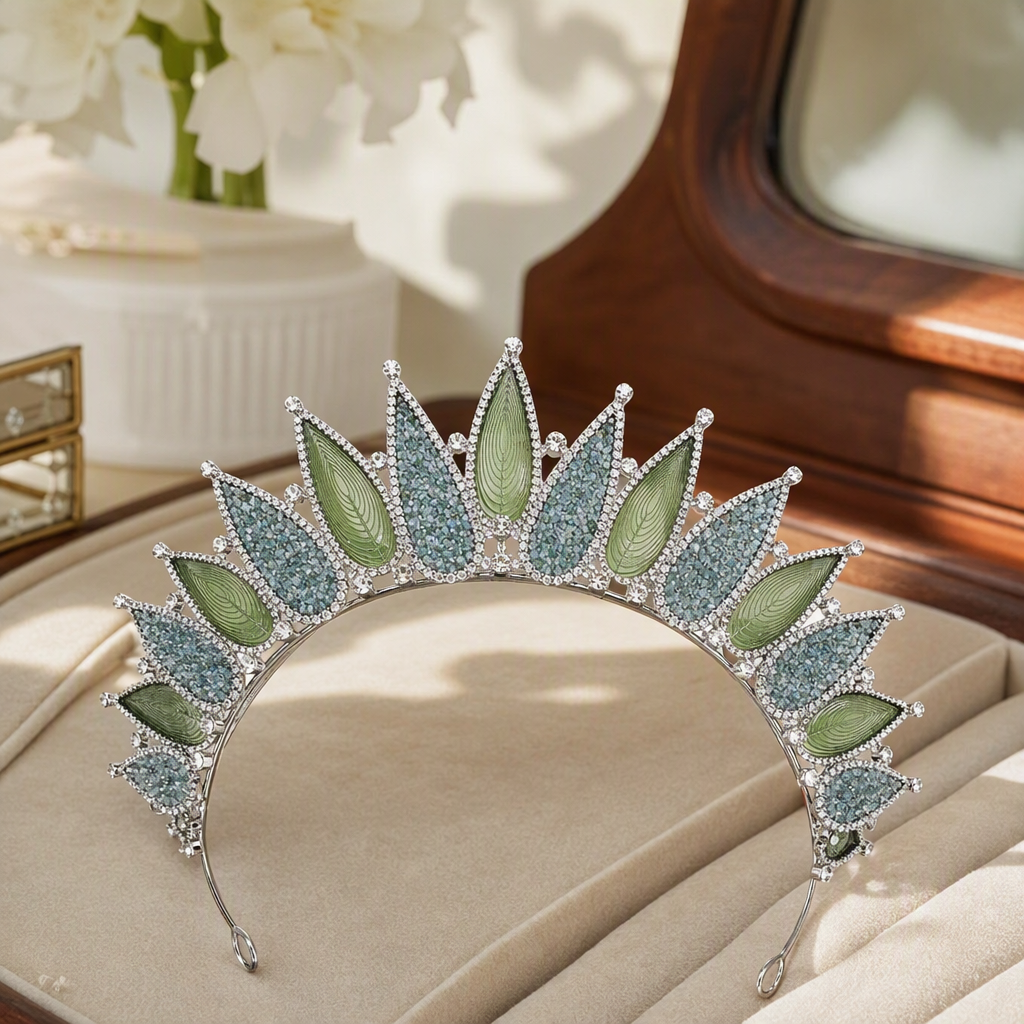 Fashionable green leaf diamond-encrusted crown ladies' headwear, elegant and refined hair accessory details Picture