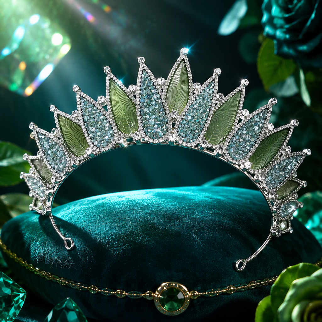 Fashionable green leaf diamond-encrusted crown ladies' headwear, elegant and refined hair accessory Specification image