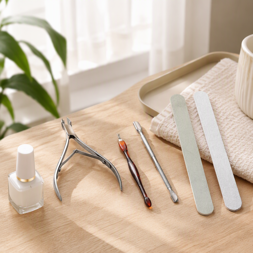 Multi-functional hand and foot care tool set: silver dead skin shears, dead skin forks, steel pushers, green polishing strips, grey grinding strips, white softener bottles, and foot care tools details Picture