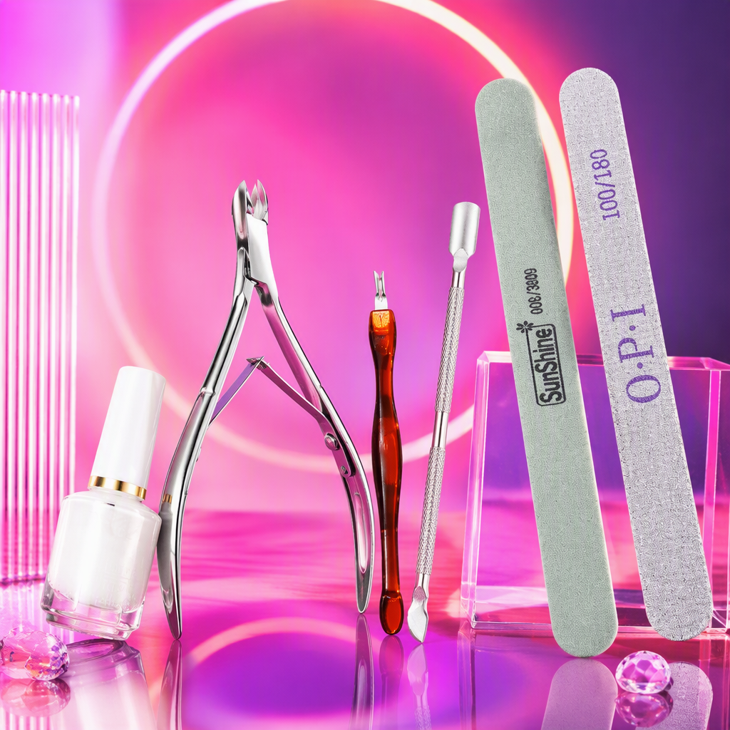 Multi-functional hand and foot care tool set: silver dead skin shears, dead skin forks, steel pushers, green polishing strips, grey grinding strips, white softener bottles, and foot care tools Specification image