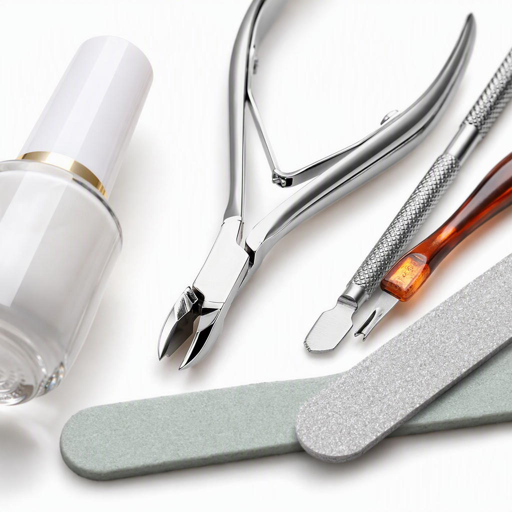 Multi-functional hand and foot care tool set: silver dead skin shears, dead skin forks, steel pushers, green polishing strips, grey grinding strips, white softener bottles, and foot care tools Application Scenario