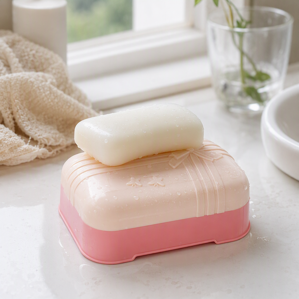 Pink covered hand soap box, simple and creative home bathroom toiletries storage container, waterproof and moisture-proof, practical and decorative details Picture