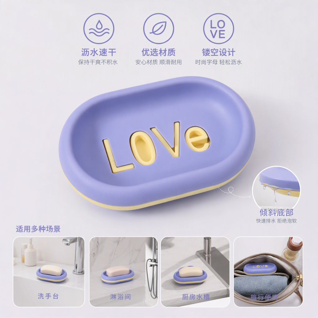 Caja de jabón oval púrpura superficie tridimensional amor amarillo palabra simple creativo jabón de manos caja de almacenamiento inicio productos