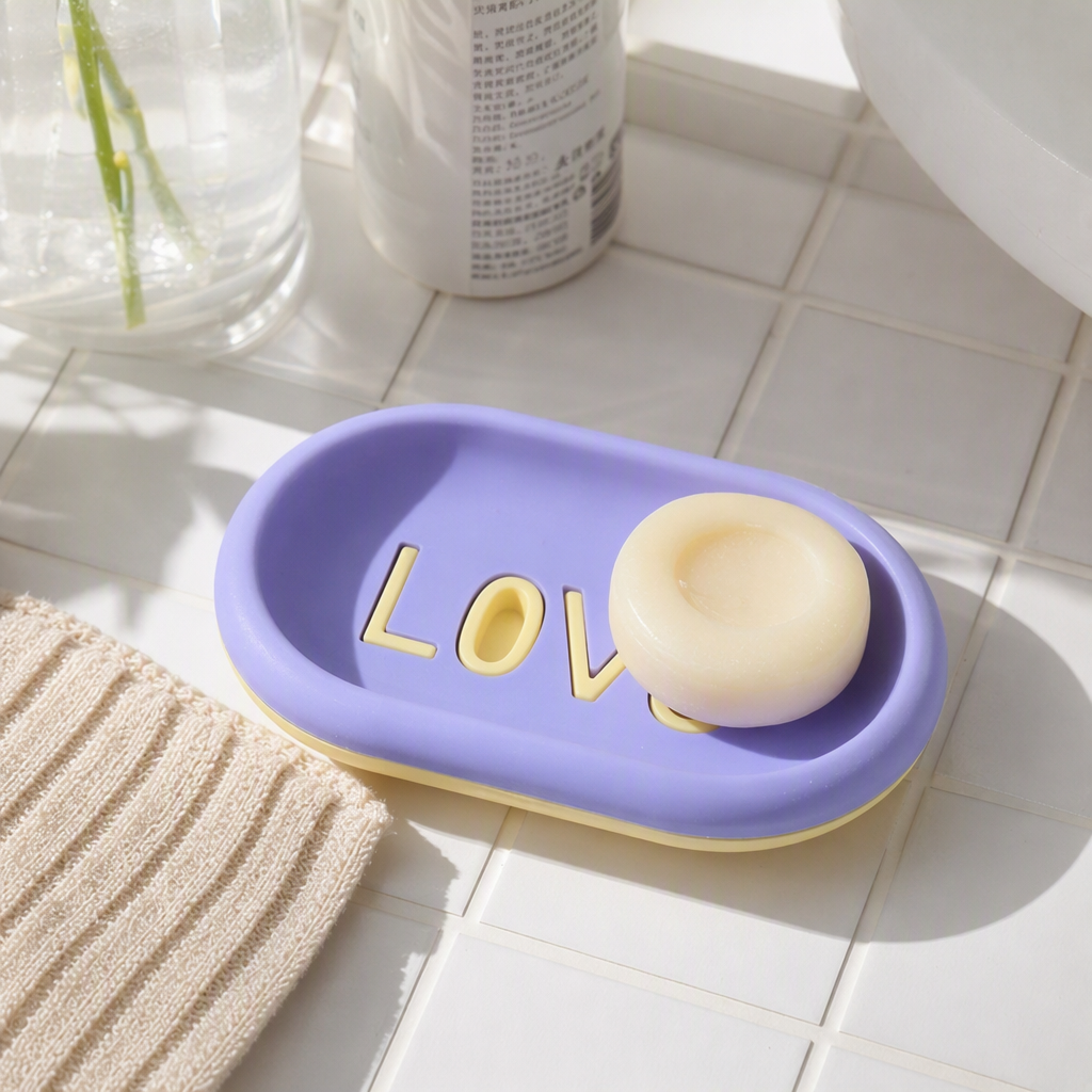 The purple oval soap box with the three-dimensional "LOVE" yellow characters on its surface is a simple and creative hand soap storage box for household items details Picture