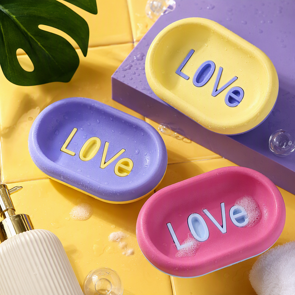 The purple oval soap box with the three-dimensional "LOVE" yellow characters on its surface is a simple and creative hand soap storage box for household items Specification image