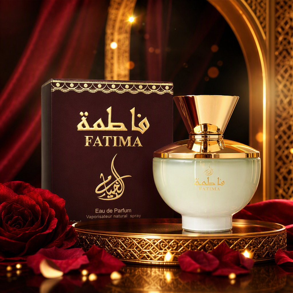 Perfume bottle wine, red packaging box, golden Arabic English FATIMA, light green glass bottle body, golden bottle cap, elegant fragrance gift box Specification image