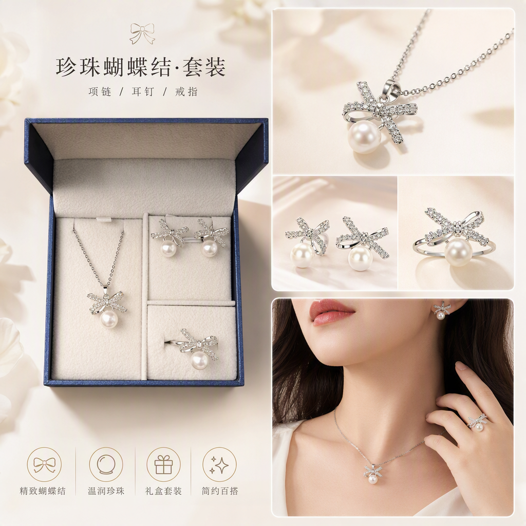 Silver bow pearl jewelry set, a fashionable and elegant accessory gift for women