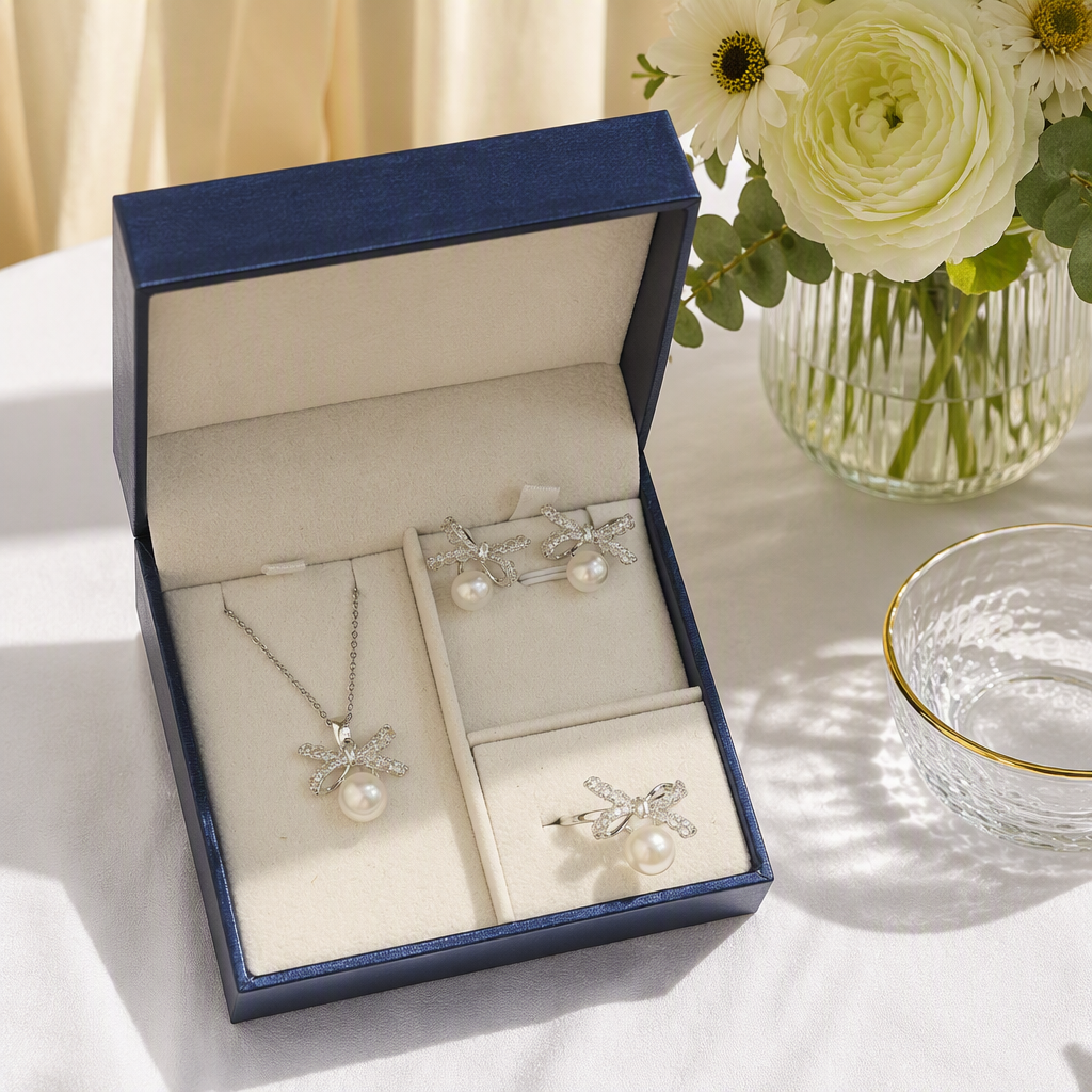 Silver bow pearl jewelry set, a fashionable and elegant accessory gift for women details Picture