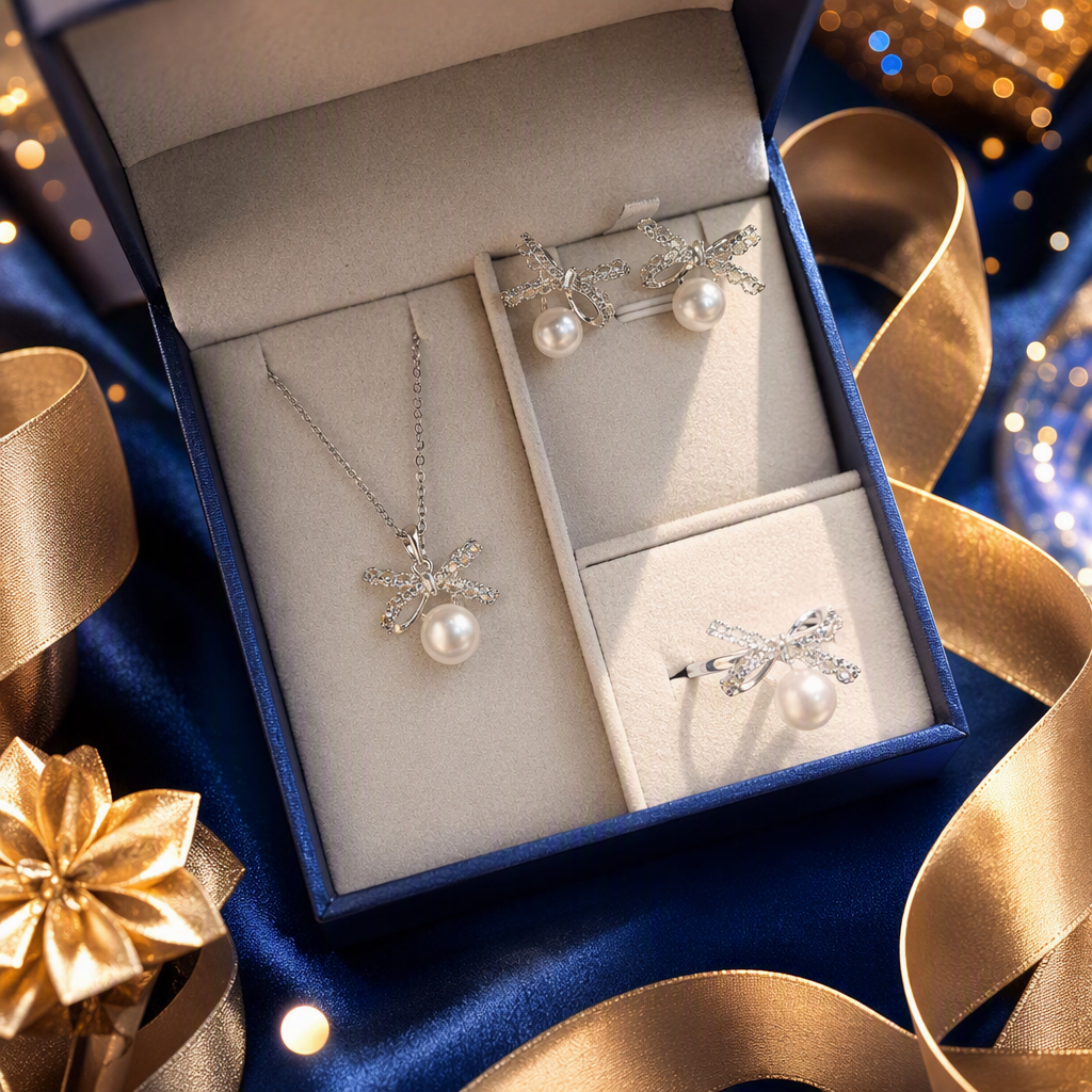 Silver bow pearl jewelry set, a fashionable and elegant accessory gift for women Specification image