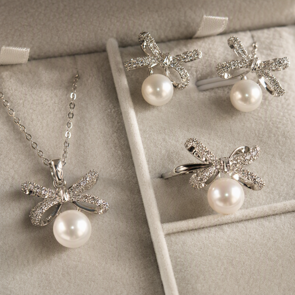 Silver bow pearl jewelry set, a fashionable and elegant accessory gift for women Application Scenario